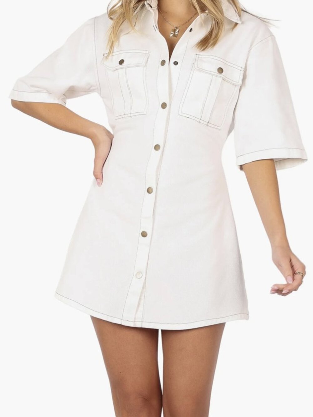 Ivory Denim Mini Shirt Dress - Pink Diamond - Size S